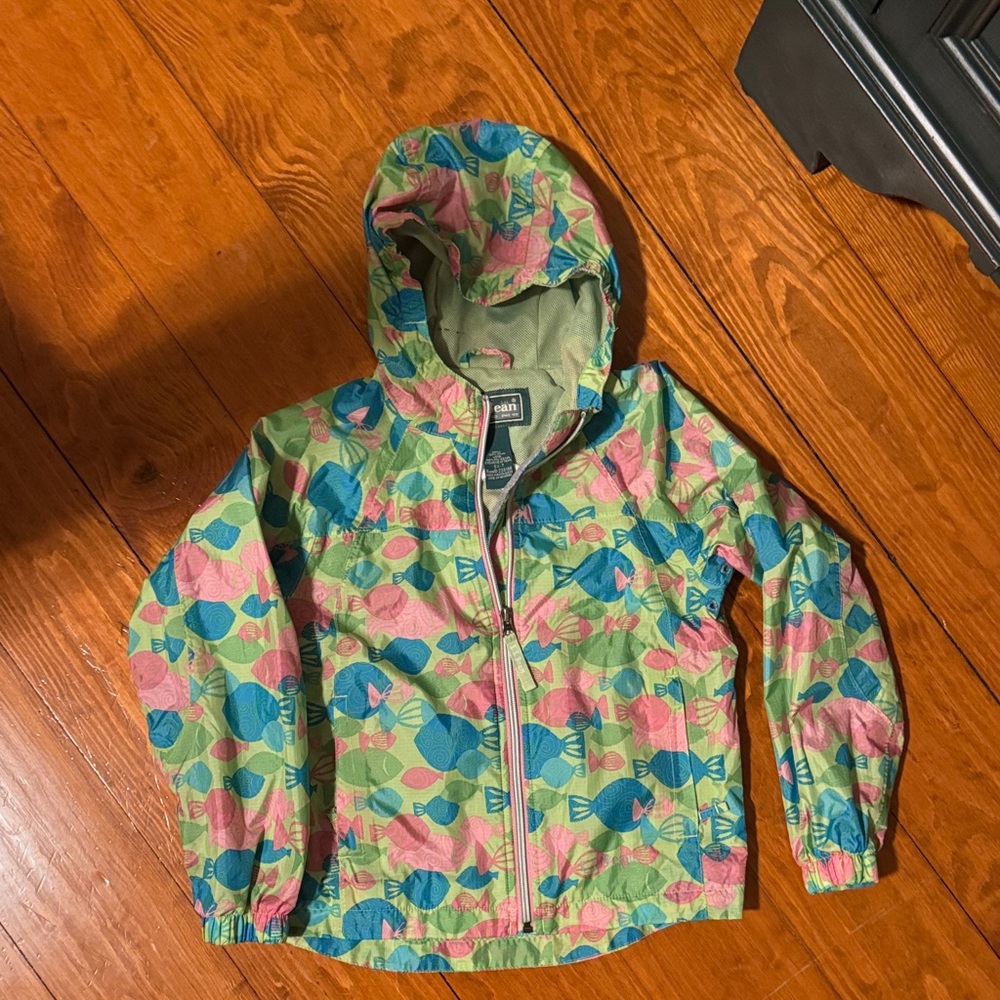 LL Bean Raincoat, 6x-7, Colorful Fish Patterned Hooded Jacket